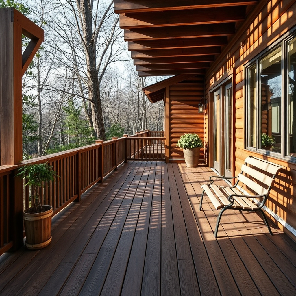 Kenny Contracting & Remodeling. Sunlit wooden deck with railing, bench, and potted plants outside a log cabin in a forest.