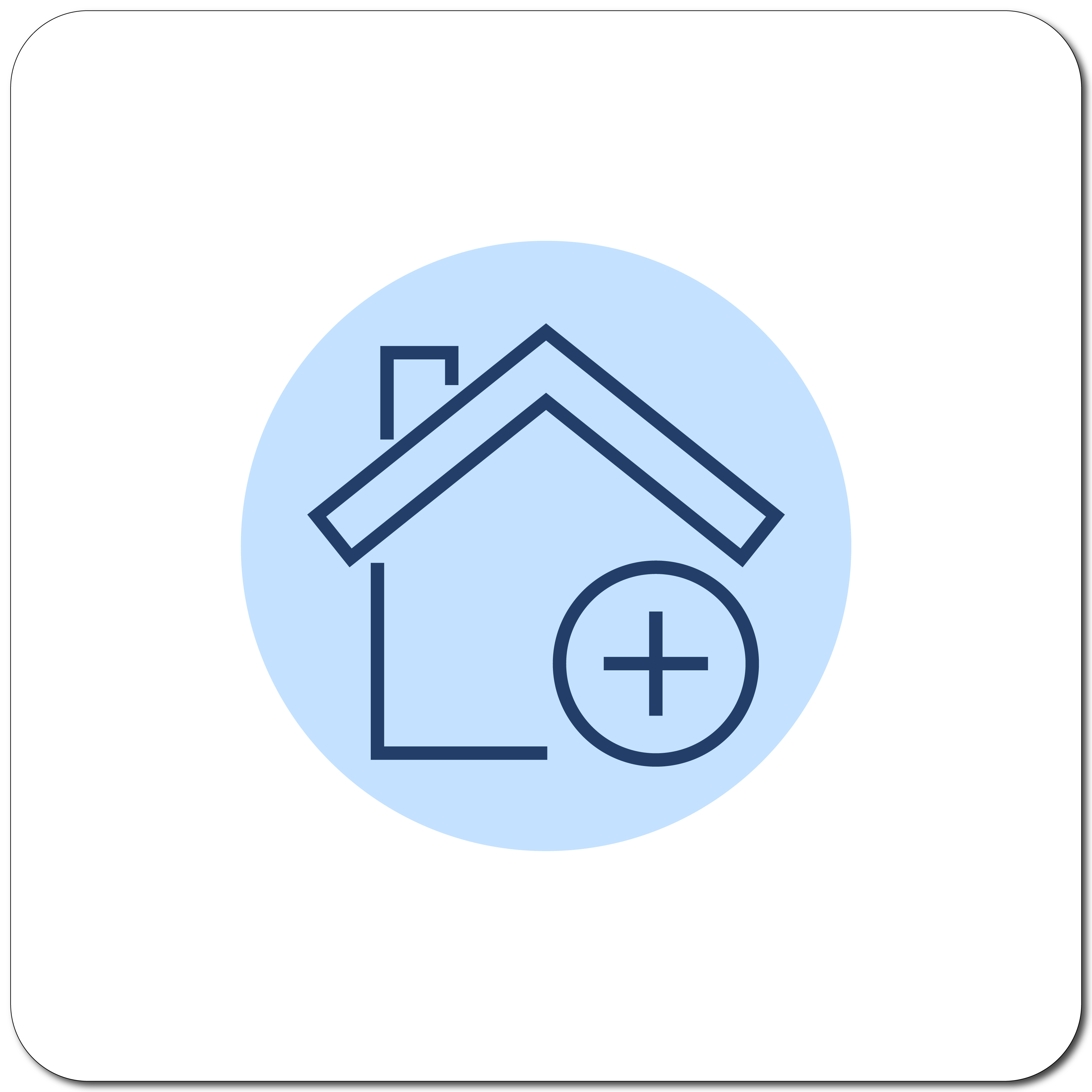 Blue circle with a dark blue house outline and a plus sign in a smaller circle on the lower right.