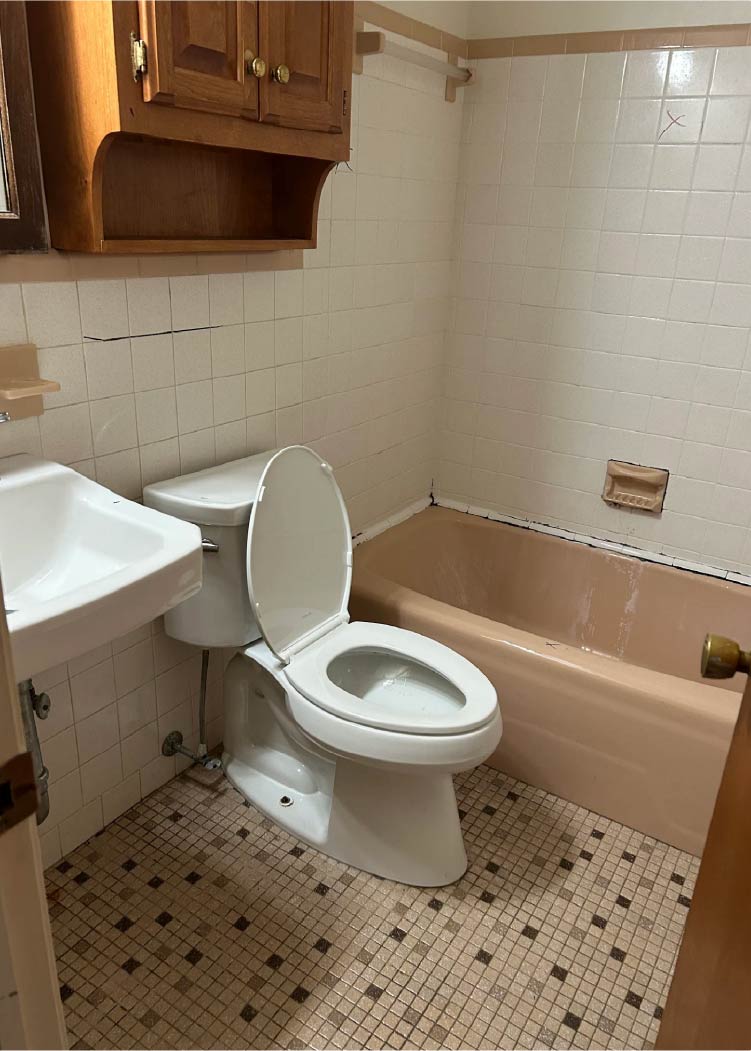 Kenny Contracting & Remodeling before testimonial image of plumbing install, tile & floor install, fan install, & multiple room renovations