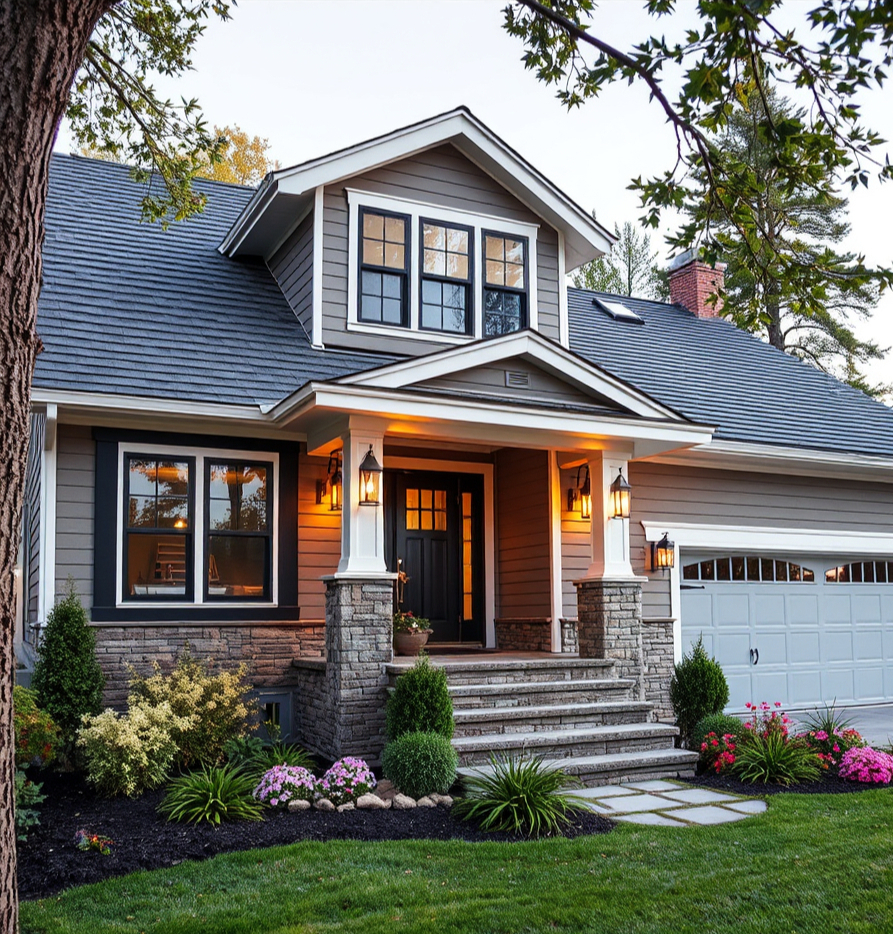 Modern house with stone porch, black door, large windows, garden with flowers, and a two-car garage.