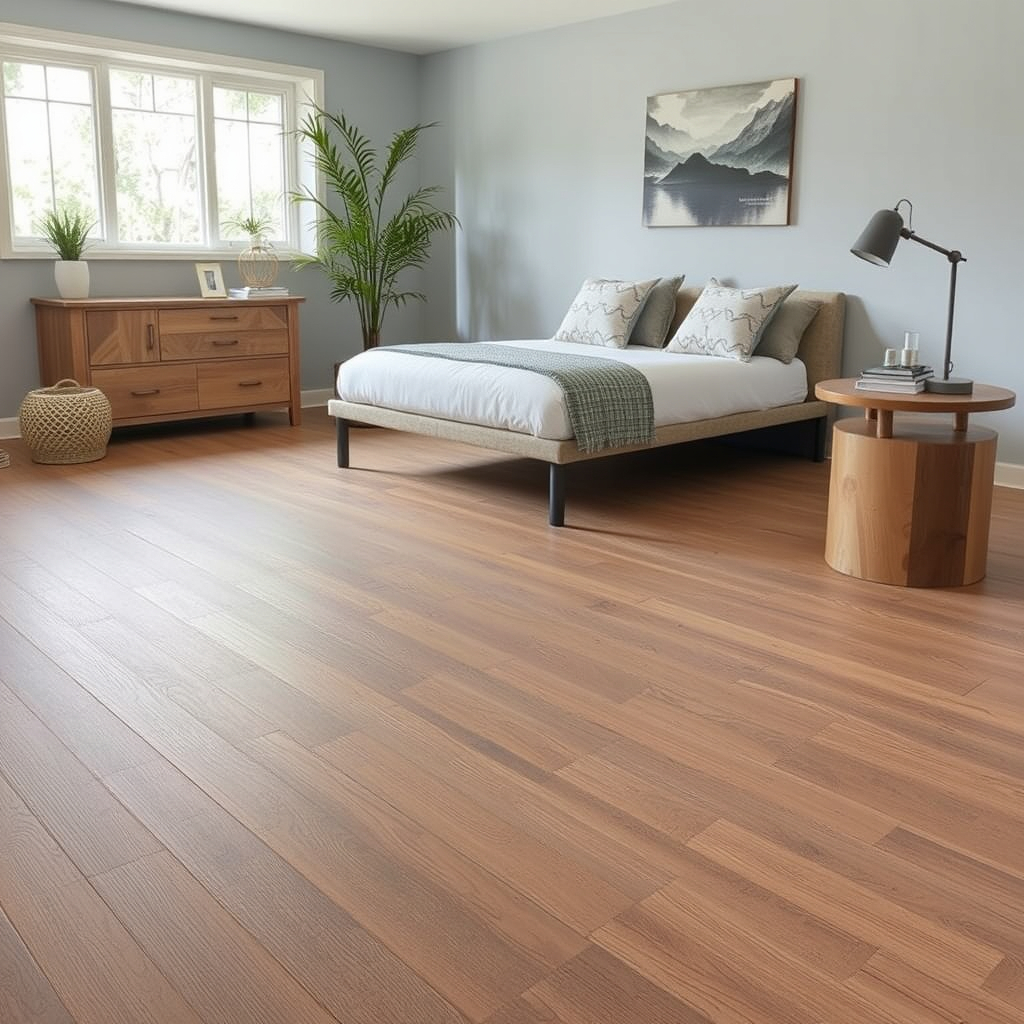 Kenny Contracting & Remodeling. Bedroom with light wood floor, low beige bed, wooden side table, dresser, and plants by window.