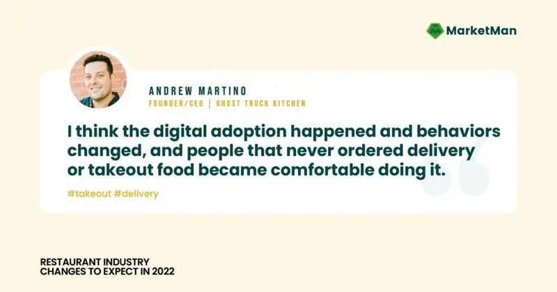 A quote from Andrew Martino that says, "I think the digital adoption happened and behaviors changed, and people that never ordered delivery or takeout food became comfortable doing it."