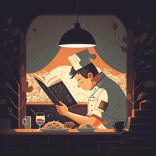 A Chief reeding a restaurant management book