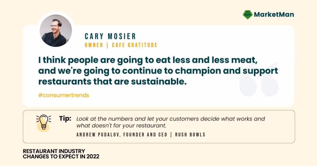 A quote from Cary Mosier that says, "I think people are going to eat less and less meat, and we're going to continue to champion and support restaurants that are sustainable."