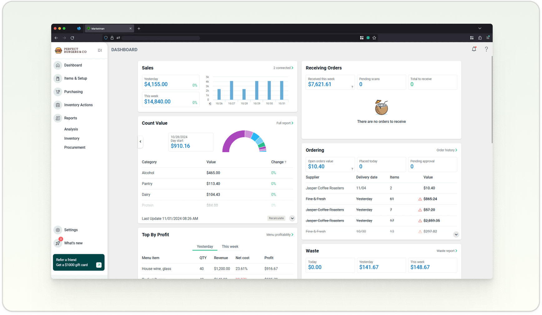 MarketMan restaurant inventory software dashboard with real-time counts.