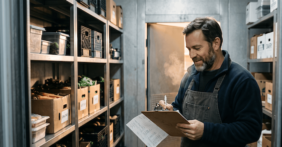 Restaurant owner doing a late-night manual inventory count in a walk-in cooler, tracking food costs on a clipboard
