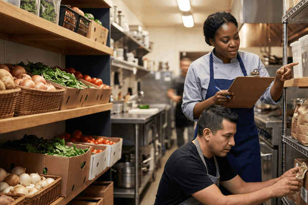 Two restaurant staff members taking inventory together on shelves in a back-of-house kitchen.
