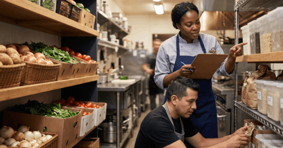 Two restaurant staff members taking inventory together on shelves in a back-of-house kitchen.