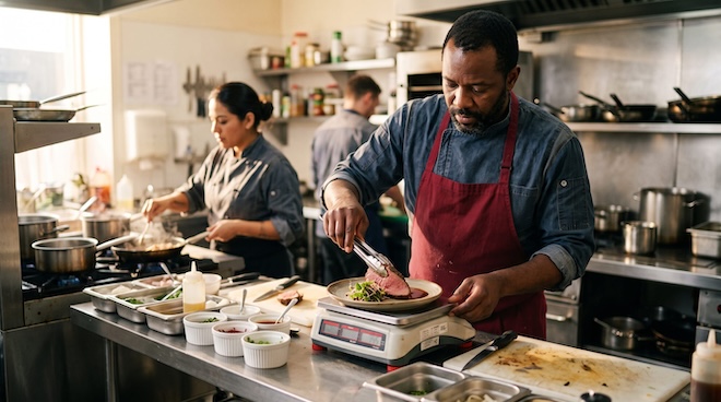 Chef portioning a protein on a kitchen scale at the pass in a professional restaurant kitchen, illustrating portion control and food cost.