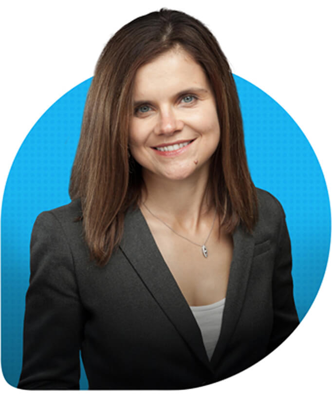 Headshot of Dr. Olga Bougie in front of a blue circle background