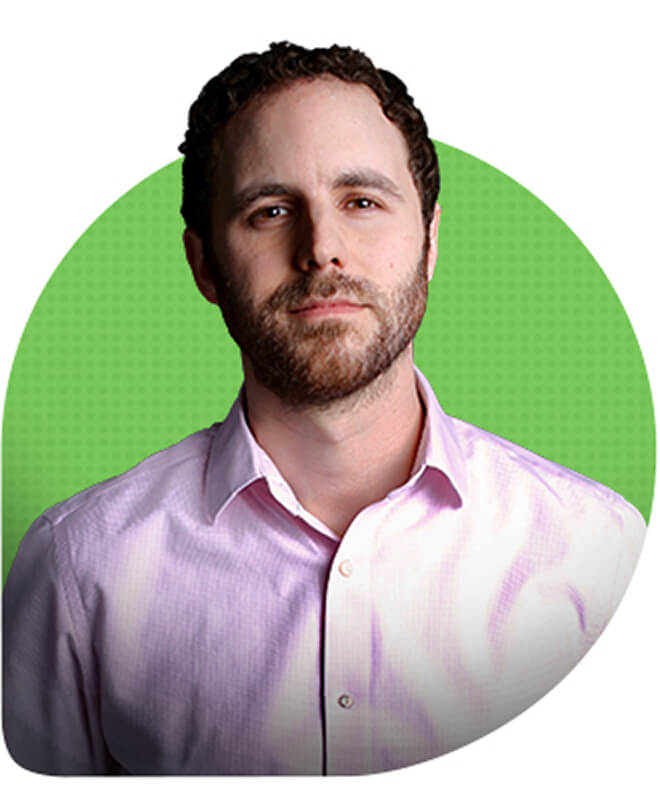 Headshot of Dr. Jordan Pelc in front of a green circle background