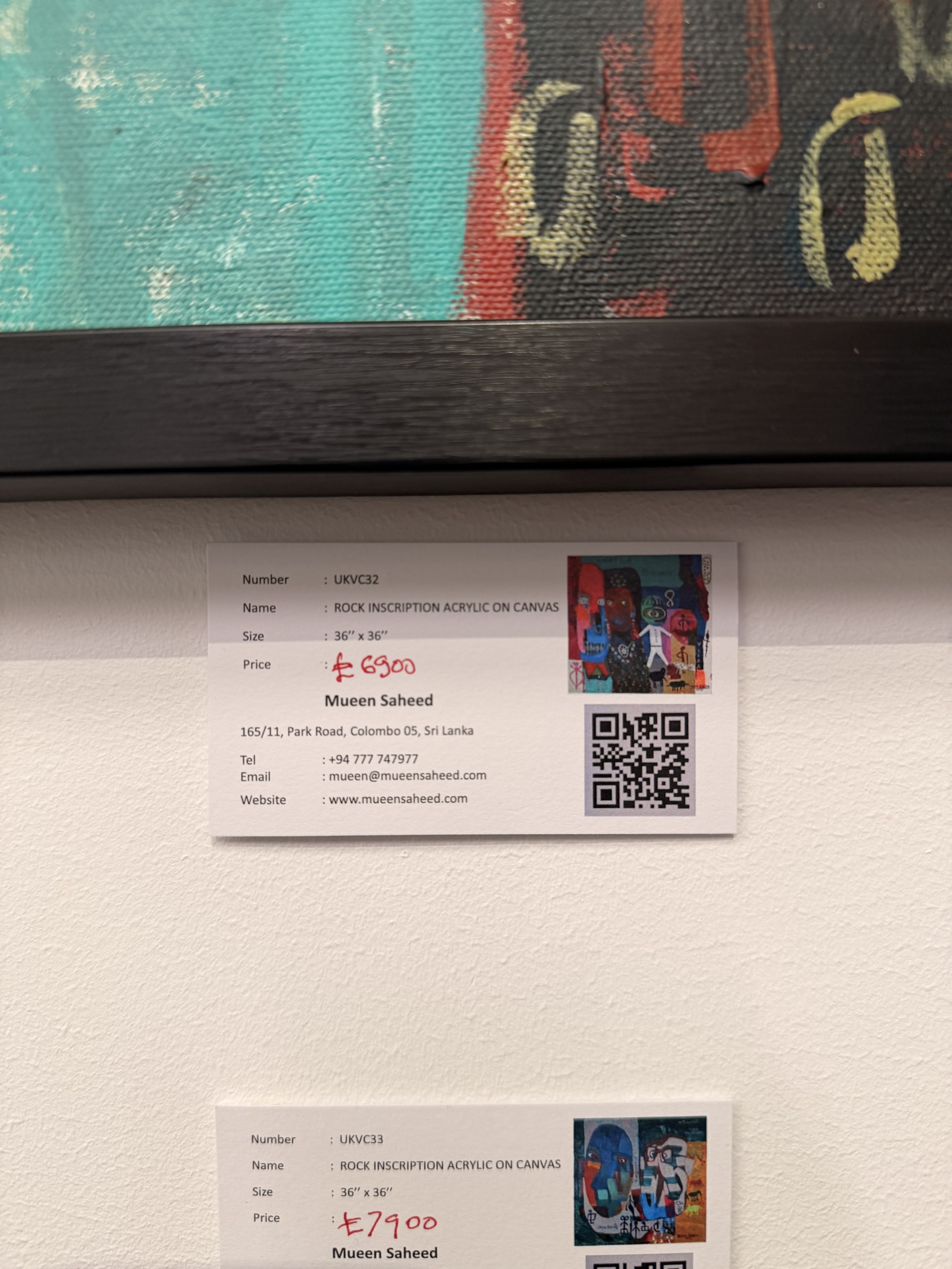 A price label reading £6,900 beside a dense, worked canvas