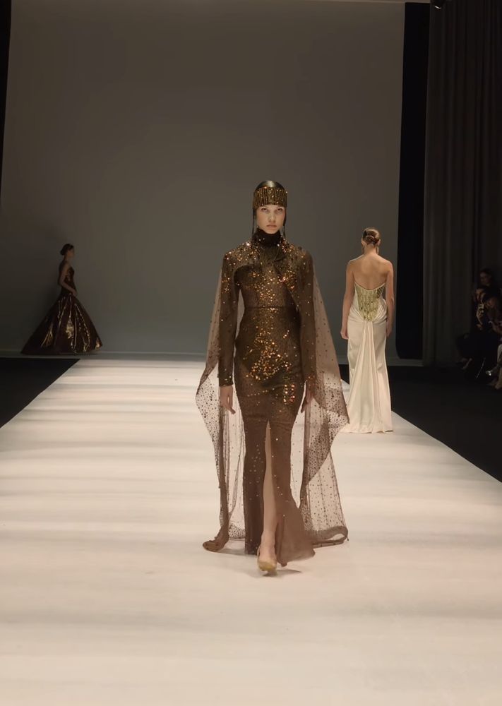 A sheer brown star-dotted gown with a long shimmering cape