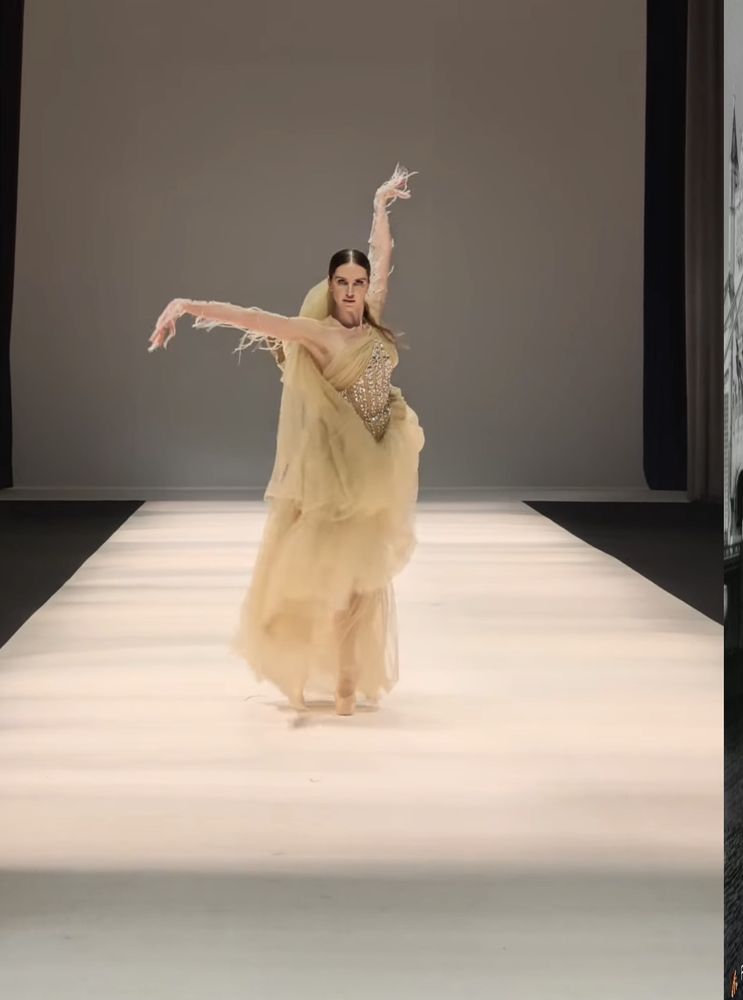 A dancer mid-movement in a pale crystal-bodiced gown with feathered sleeves