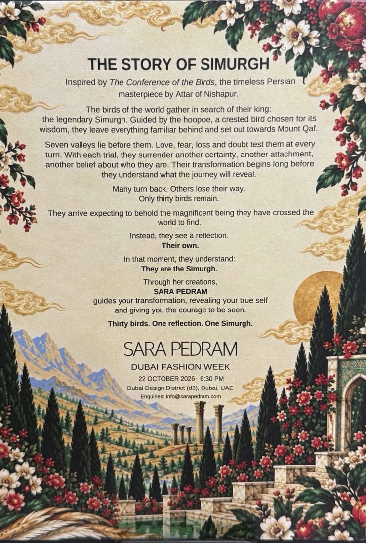 The printed invitation card, The Story of Simurgh, bordered with Persian garden illumination