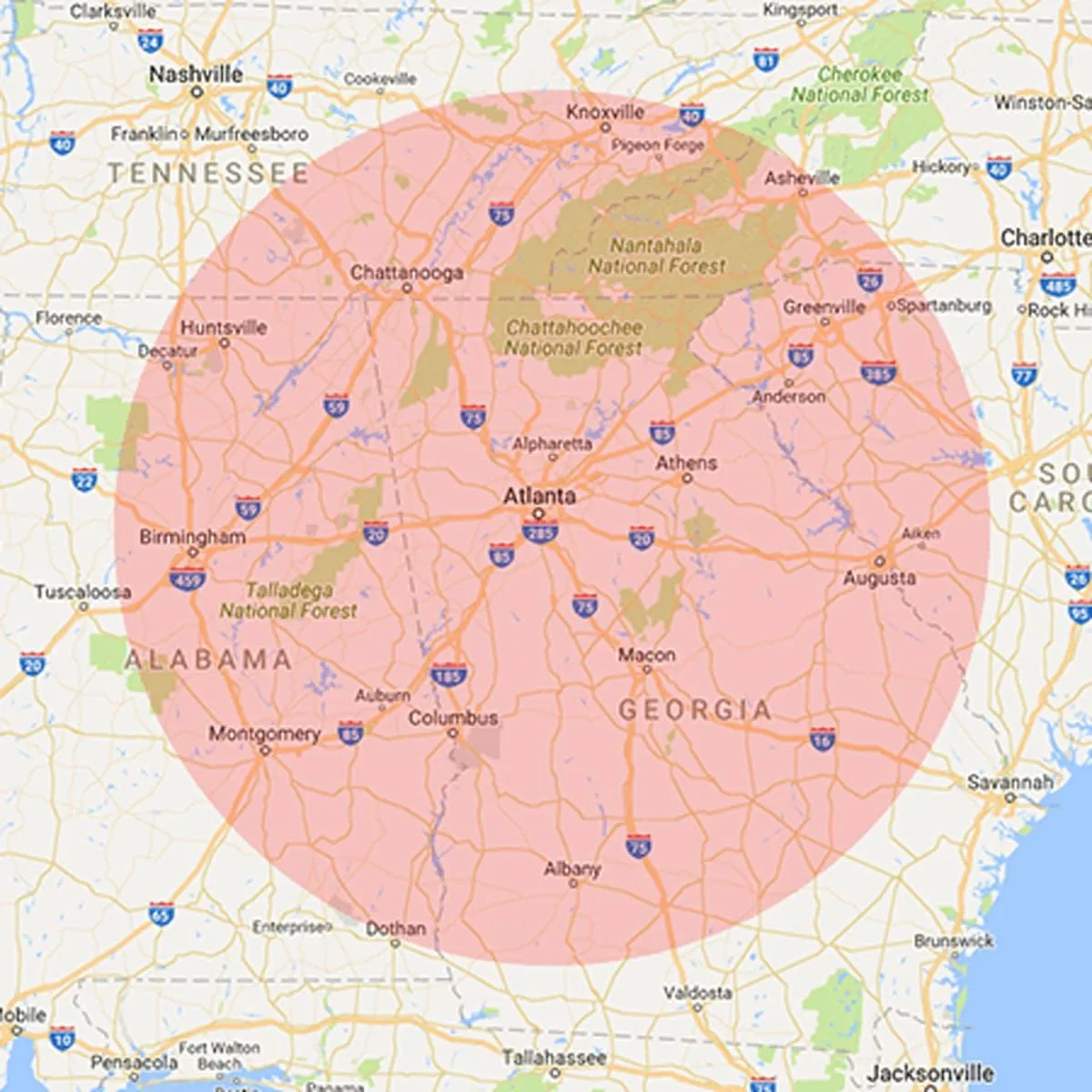 SouthEast Bee Removal service area map