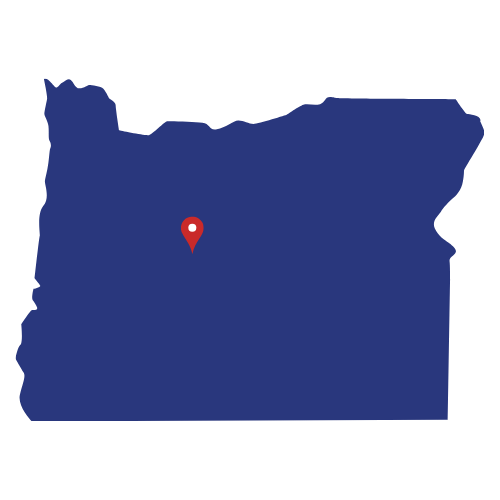 Map of Oregon state in blue with a red location marker near the center.