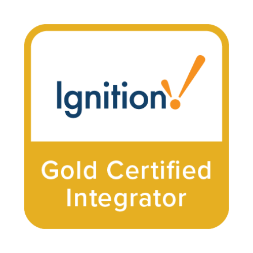 Ignition Gold Certified Integrator badge with white and gold background and stylized text.
