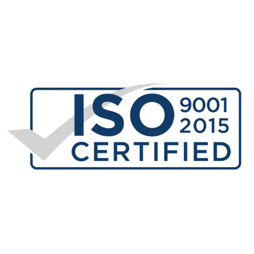 ISO 9001 2015 certified badge with a large checkmark in a blue outlined rectangle.