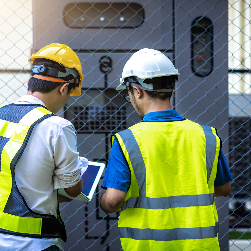 Two construction workers wearing helmets and vests checking a tablet behind a chain-link fence.
