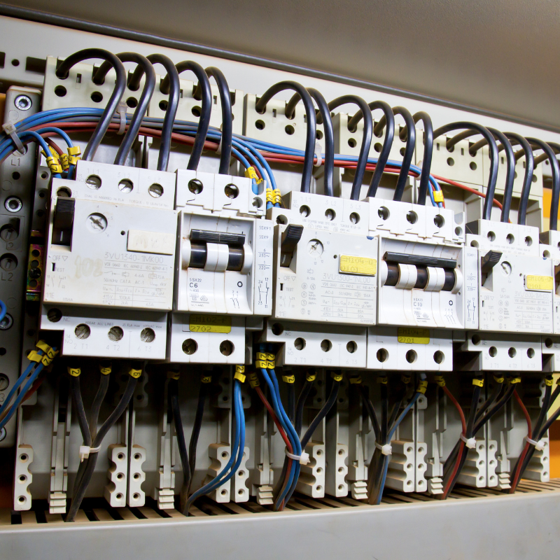 Close-up of electrical circuit breakers with black and blue wires in a control panel.