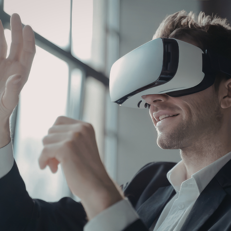 Man in a suit smiling and interacting with virtual reality using VR headset indoors.
