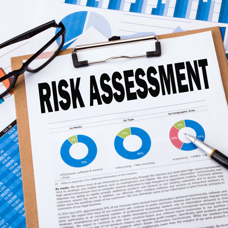 Clipboard with risk assessment report showing pie charts and a pen alongside black glasses.