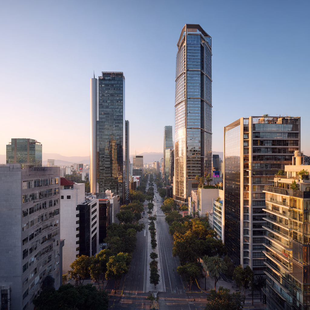 Wide view of an empty urban street lined with trees and tall modern skyscrapers during sunset.