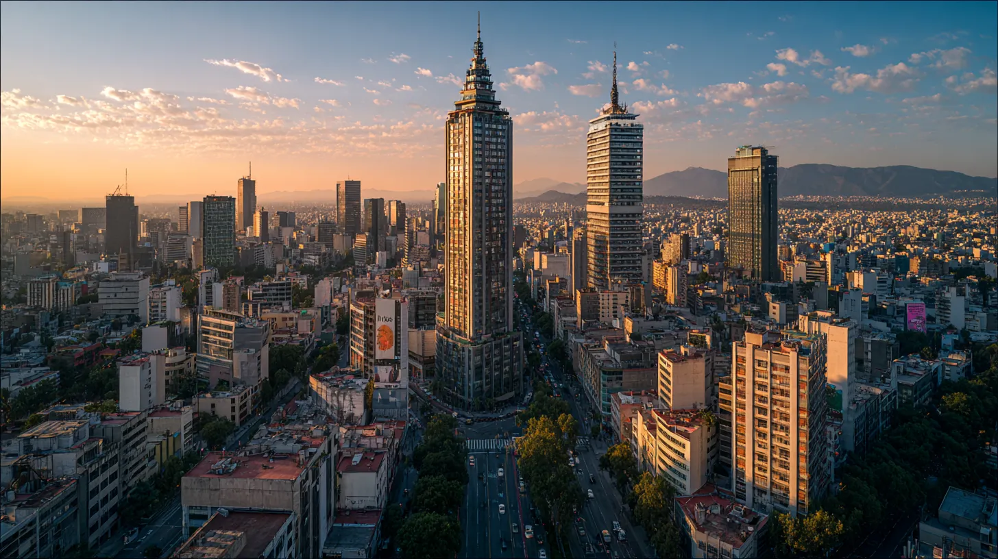 Cityscape of Mexico City at sunset with Torre Latinoamericana and Torre Reforma skyscrapers.