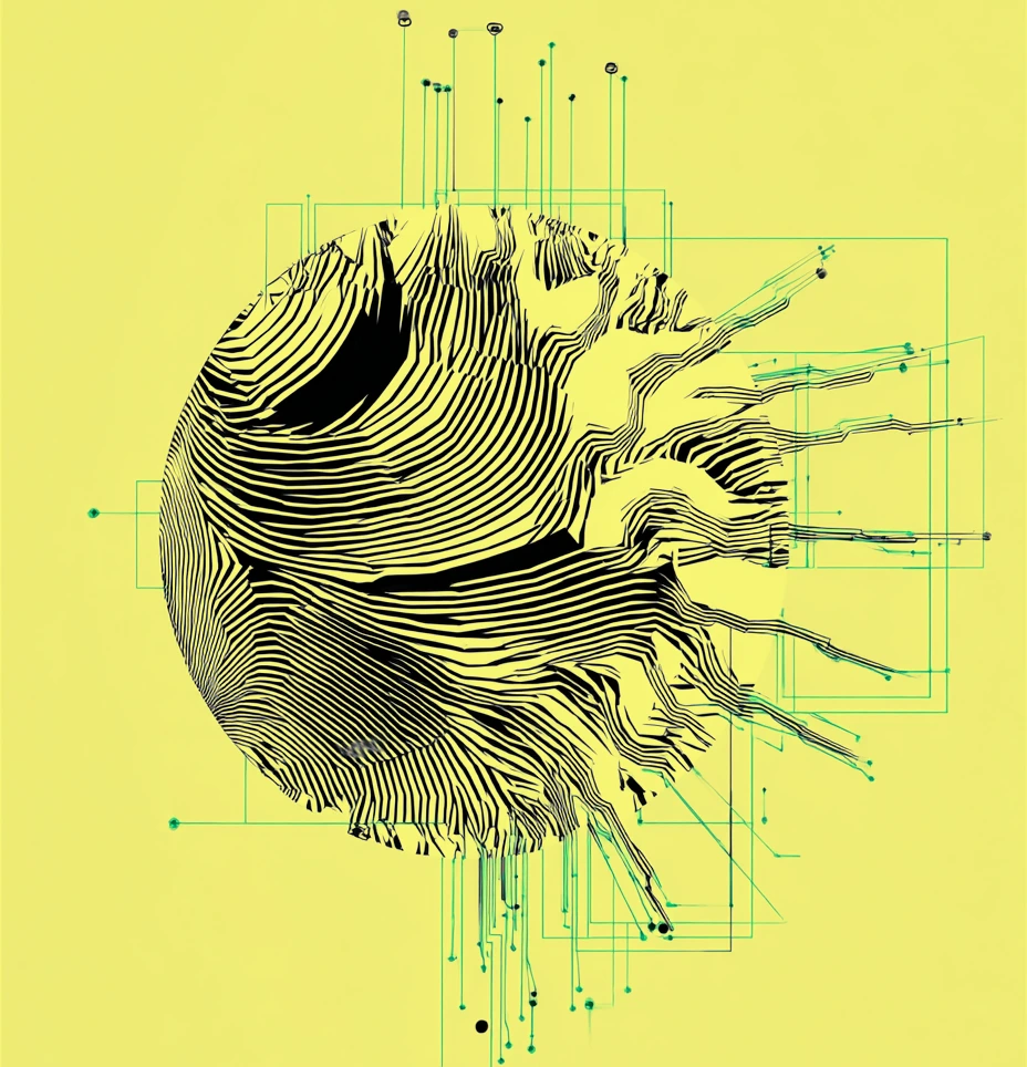 Abstract black circular shape with wavy lines and extended branching lines on a yellow background.