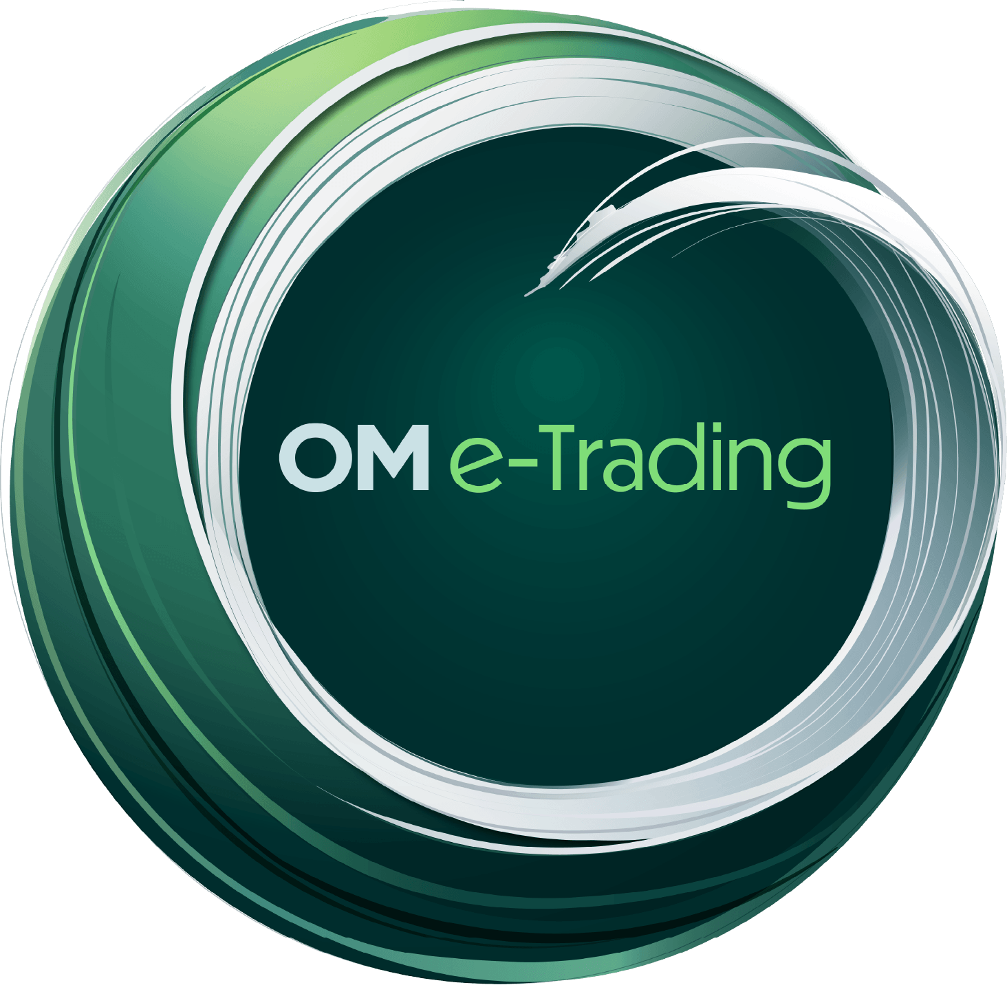OM e-Trading logo with white circular brushstroke on green gradient background.