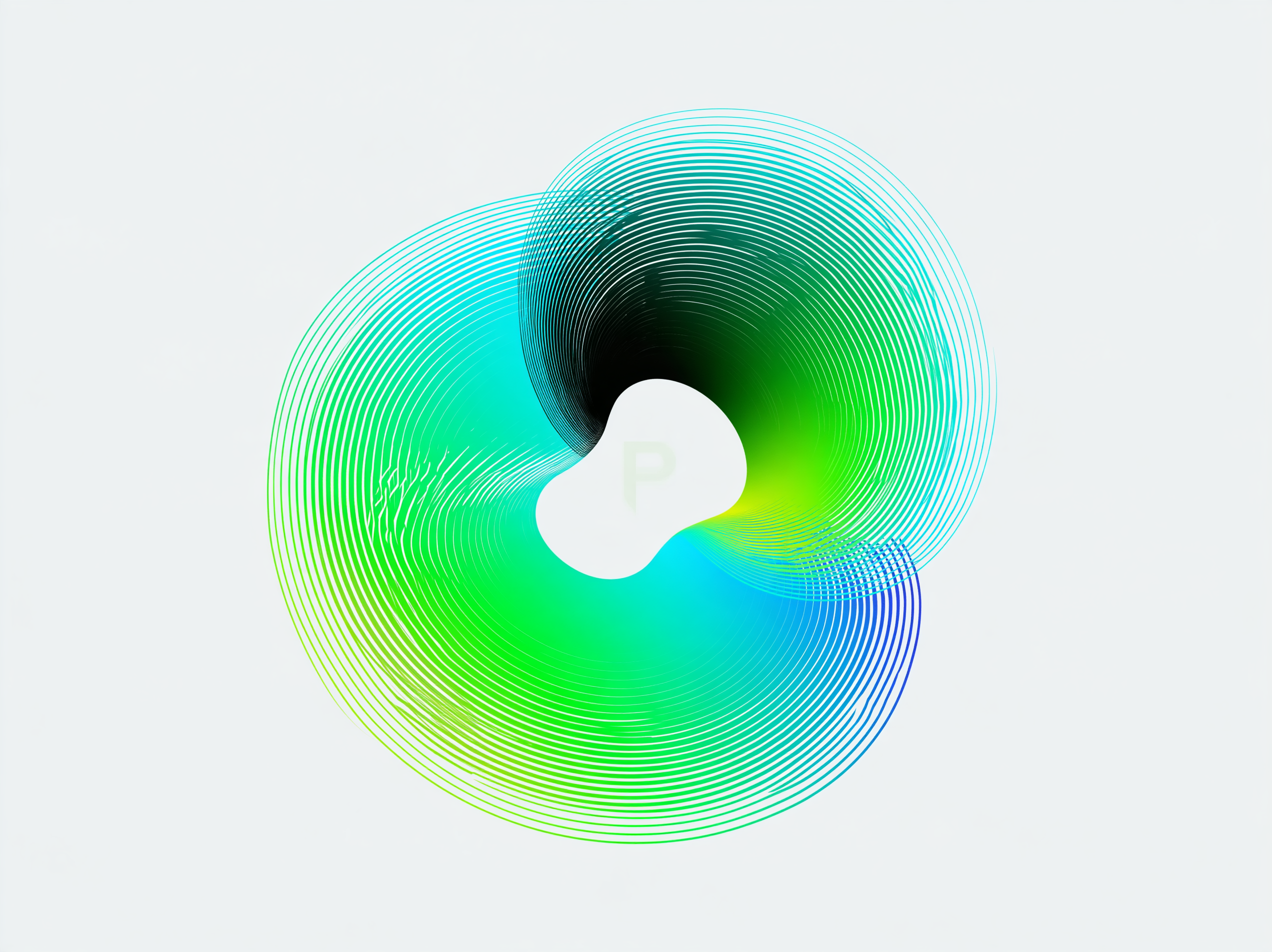 Abstract concentric line form in green and blue, rendered as overlapping orbital rings