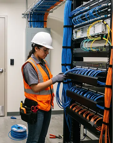 Woman working on server rack organizing cables