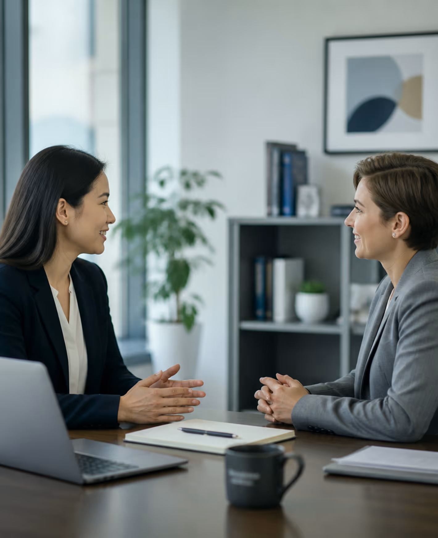 Two professional women in suits smiling and talking across a desk with a laptop and notebook.