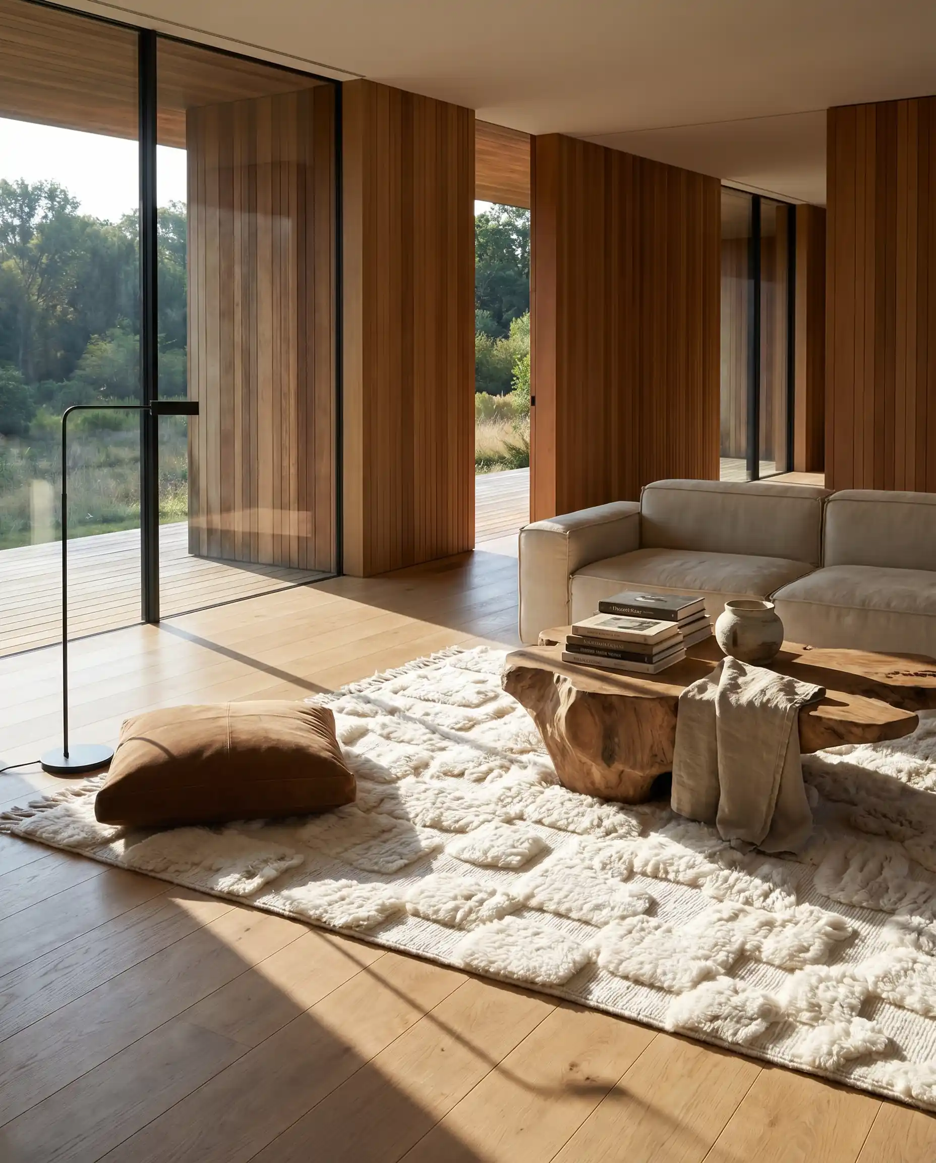 White Arven Moroccan rug in a sunlit wood-clad modern living room