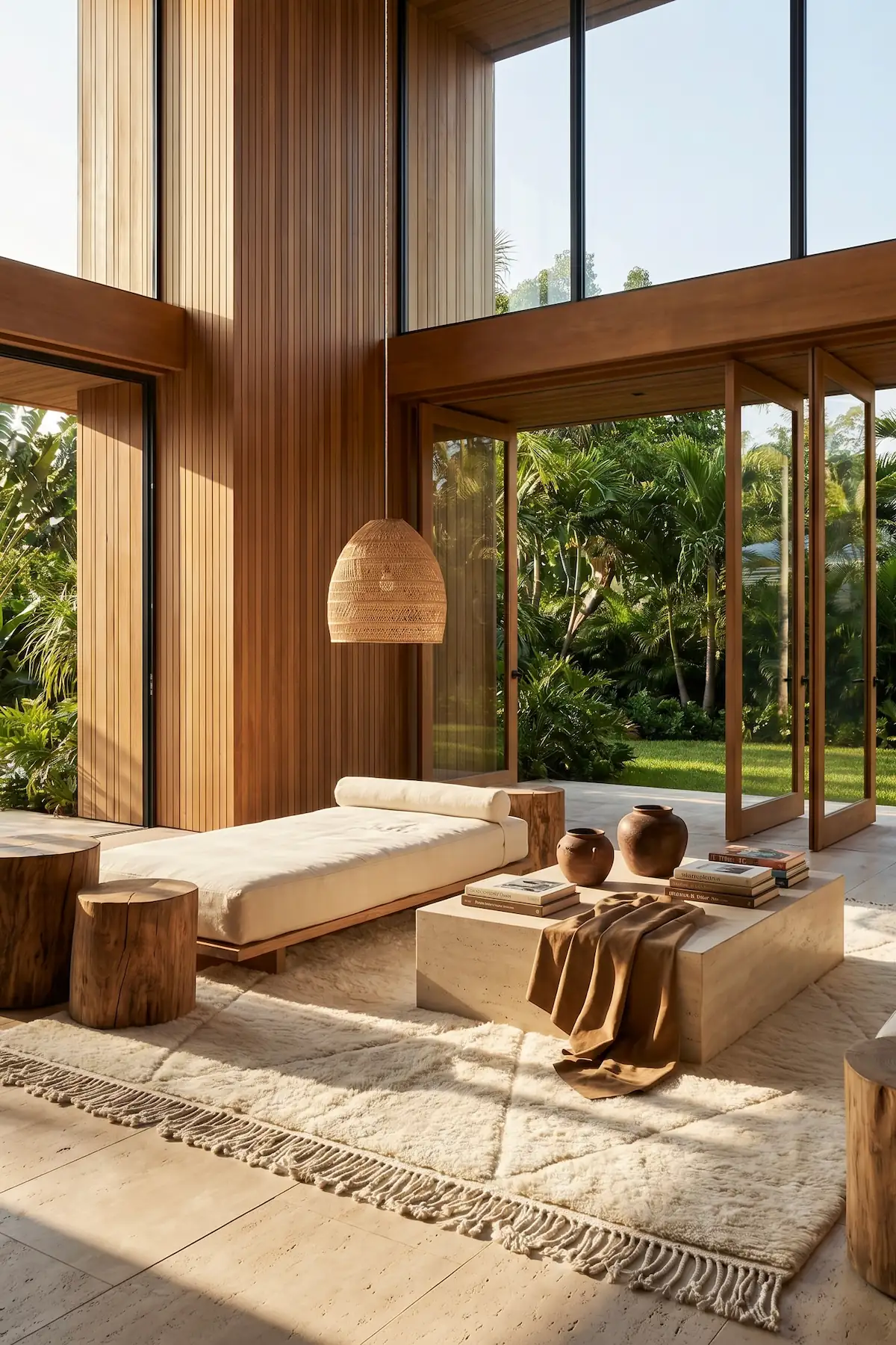 Withe Moroccan rug with fringe by Arven in a tropical sunroom