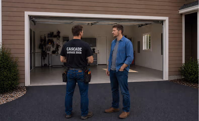 Cascade Garage Door technician speaking with a customer during a service call