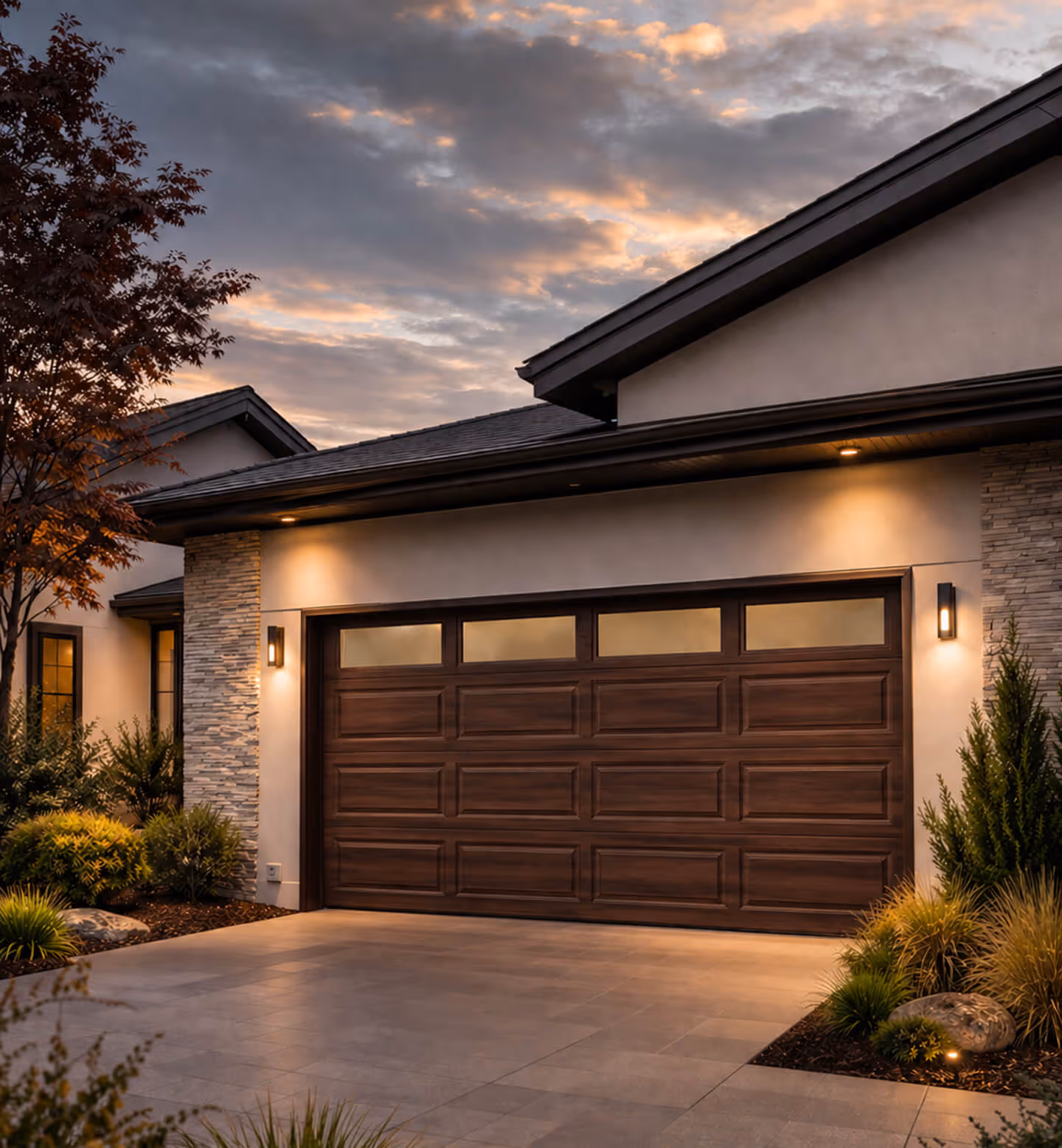 Dark brown long panel garage door