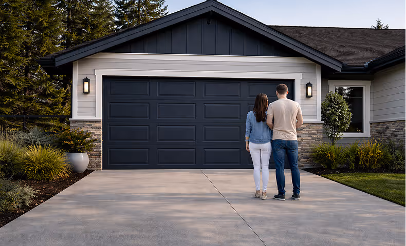 A couple looking at a modern Raynor Trademark garage door