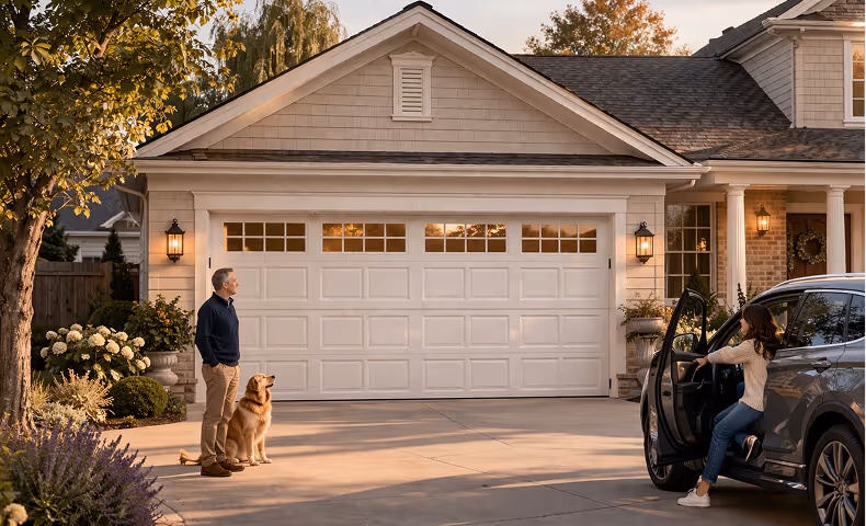 Family infront of home with a white panel garage door