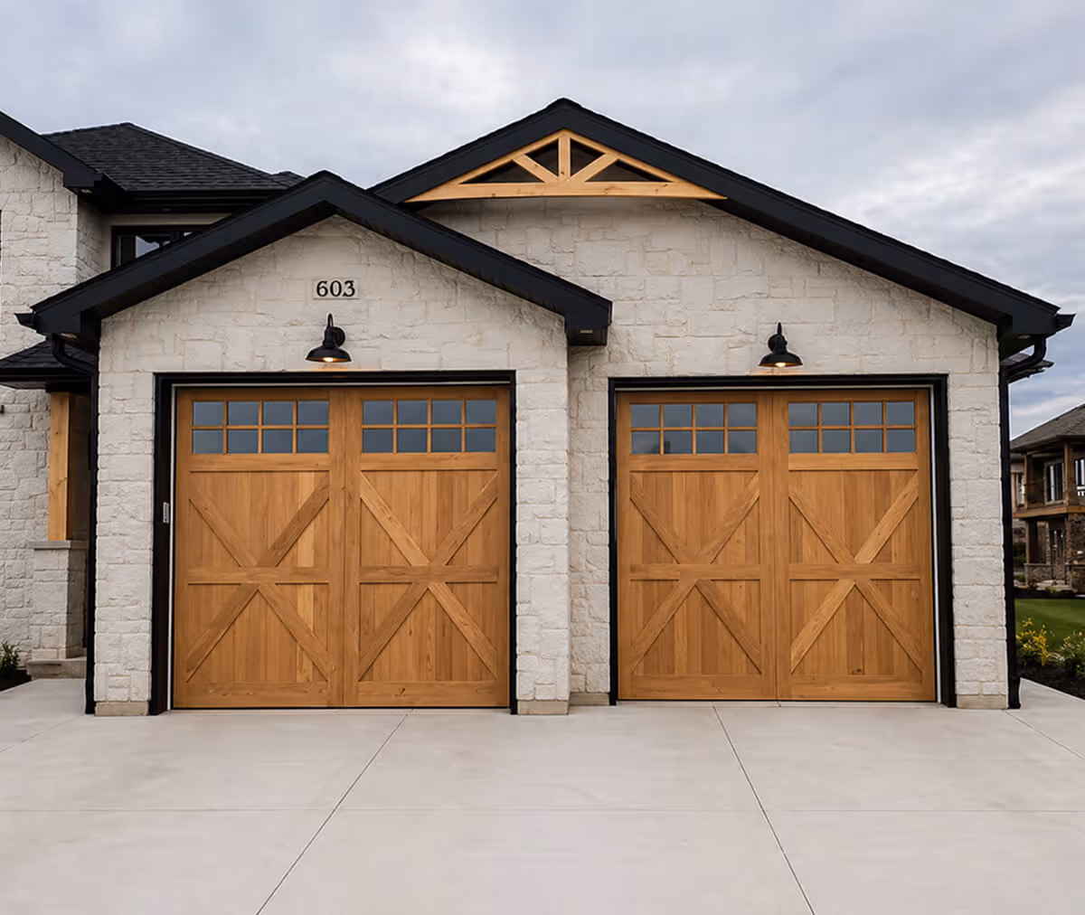 New wood planked garage doors installed by Cascade Garage Door in Bend, Oregon