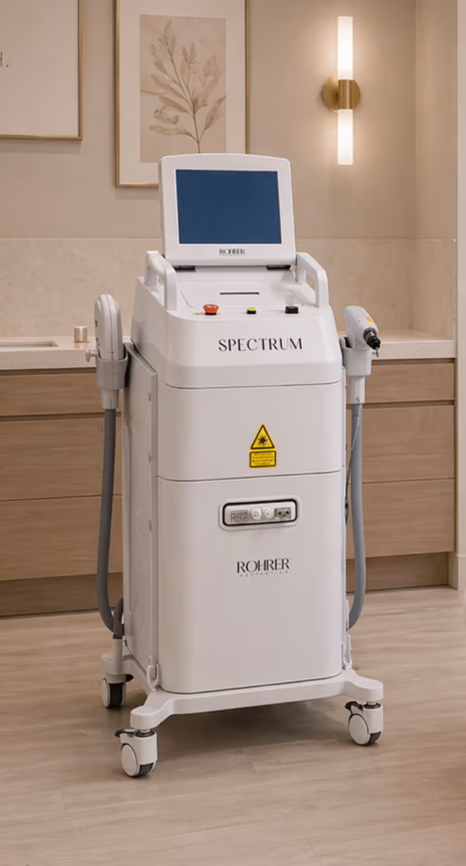 White Spectrum Rohrer medical laser device with screen in a clean clinical room.
