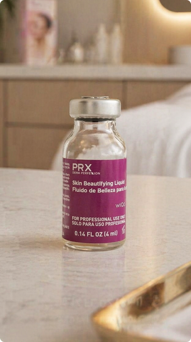 Small glass vial of PRX Derm Perfection skin beautifying liquid on a marble countertop.
