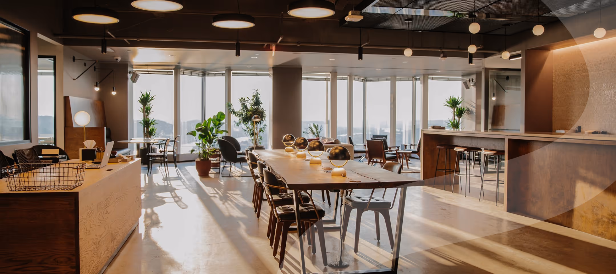 Bright modern office space with large wooden table, chairs, plants, and floor-to-ceiling windows.
