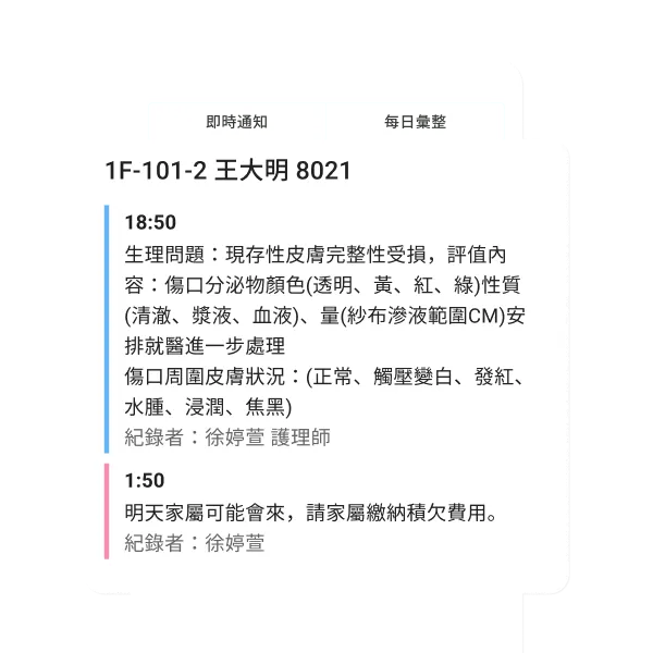 病患王大明8021的生理問題和明日家屬來訪通知，含傷口及皮膚狀況描述。