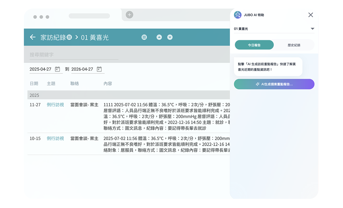 網頁介面顯示家訪紀錄，包含日期、主題、聯絡及內容，右側有JUBO AI特助面板。