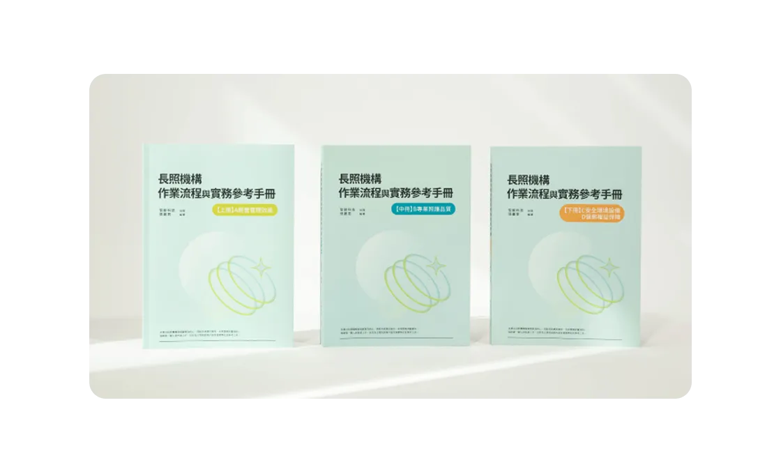 三本長照機構作業流程與實務參考手冊，封面為淺綠色，標題及分類標籤各異