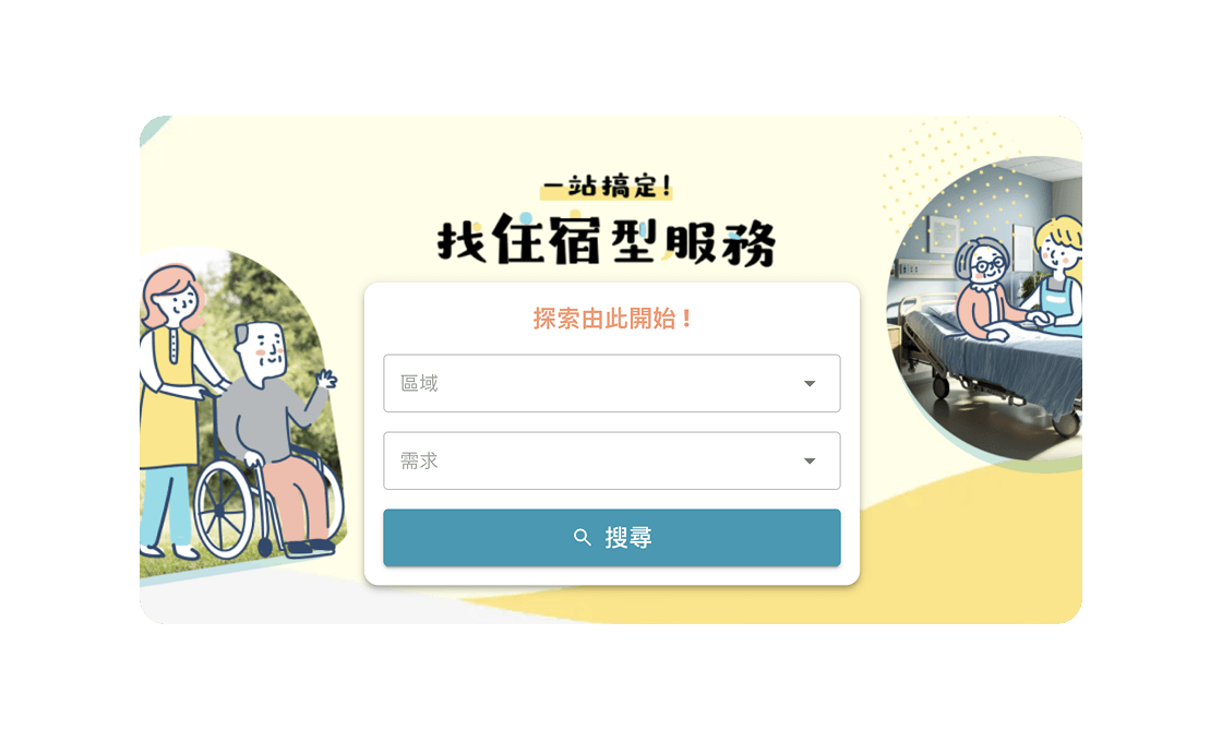 一站式找住宿型服務，左側護理員推輪椅長者，右側護理員陪老人床邊，含搜尋介面。