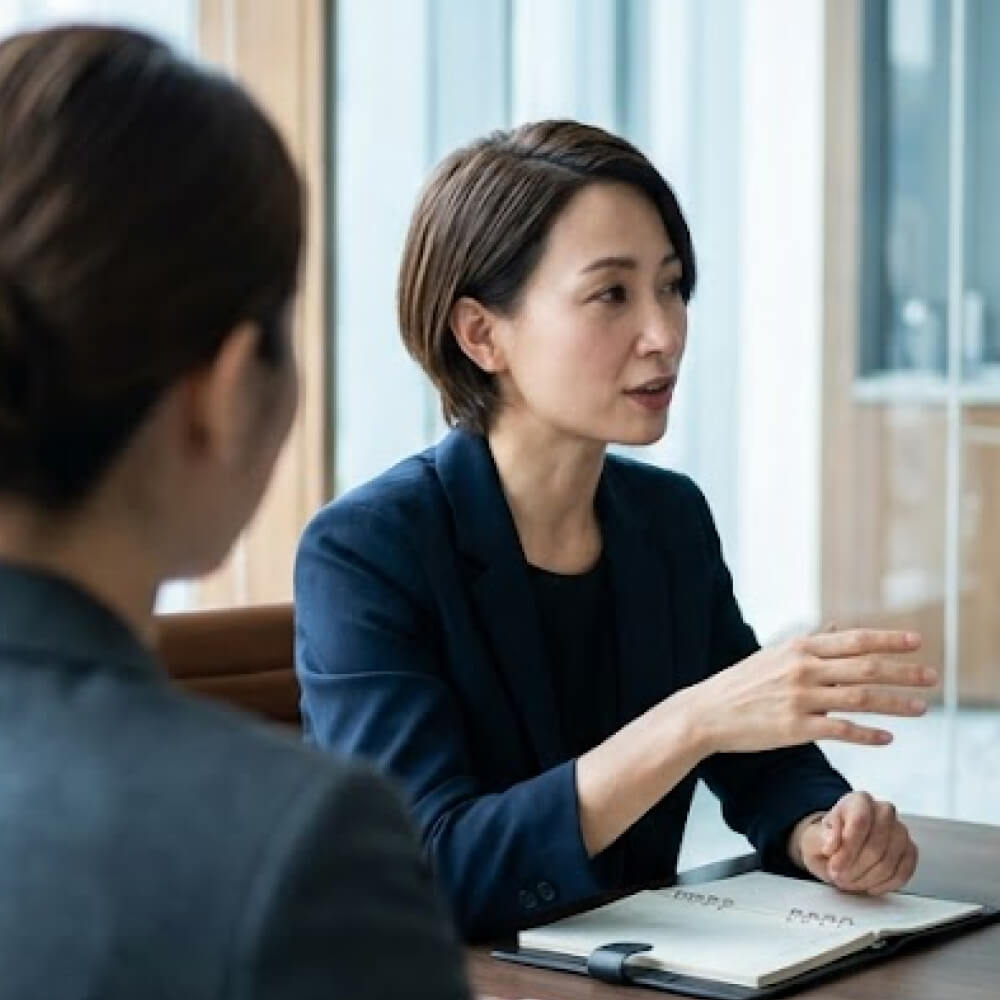 一位短髮女性在辦公室桌前與另一女性交談，桌上有開啟的筆記本。