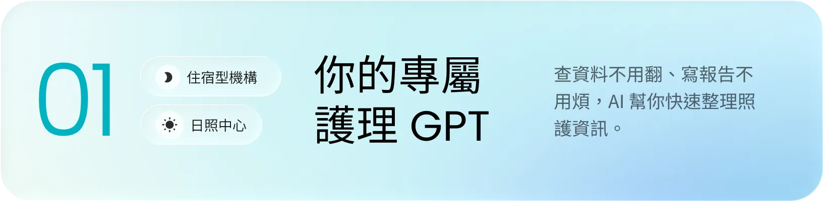 文字顯示01 住宿型機構 日照中心 你的專屬護理GPT，AI快速整理照護資料。